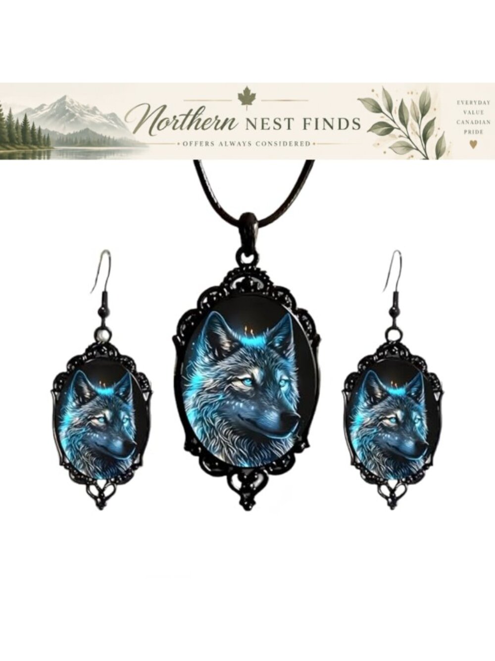 Gothic Wolf Head Pendant Necklace Antique Silver Tone Black Gem